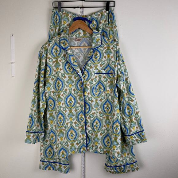 BedHead Damask Poplin Pajamas Size M Green Blu Cotton Long Sleeve Pants PJs Set - Picture 2 of 12